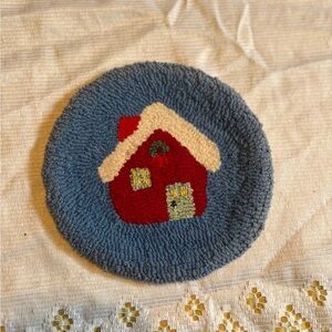 Vintage Handmade Hooked Round Rug with Red House Design Decor